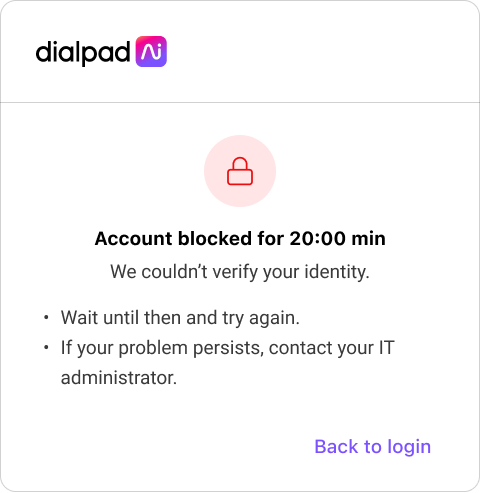 Account blocked message indicating identity verification failure and next steps for users.